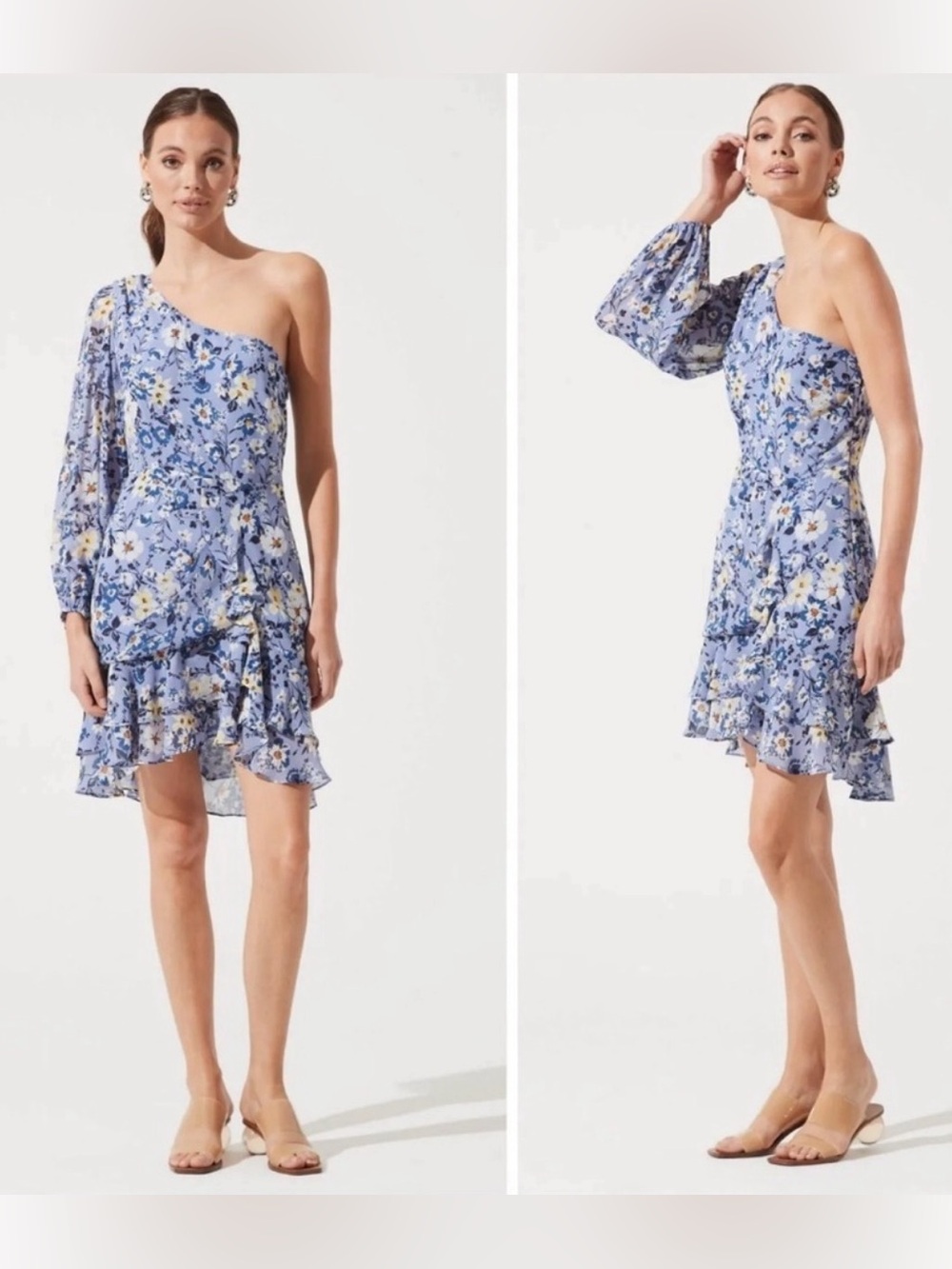 ASTR Floral One Shoulder Periwinkle Ruffle Mini Dress Size Large - Picture 6 of 6